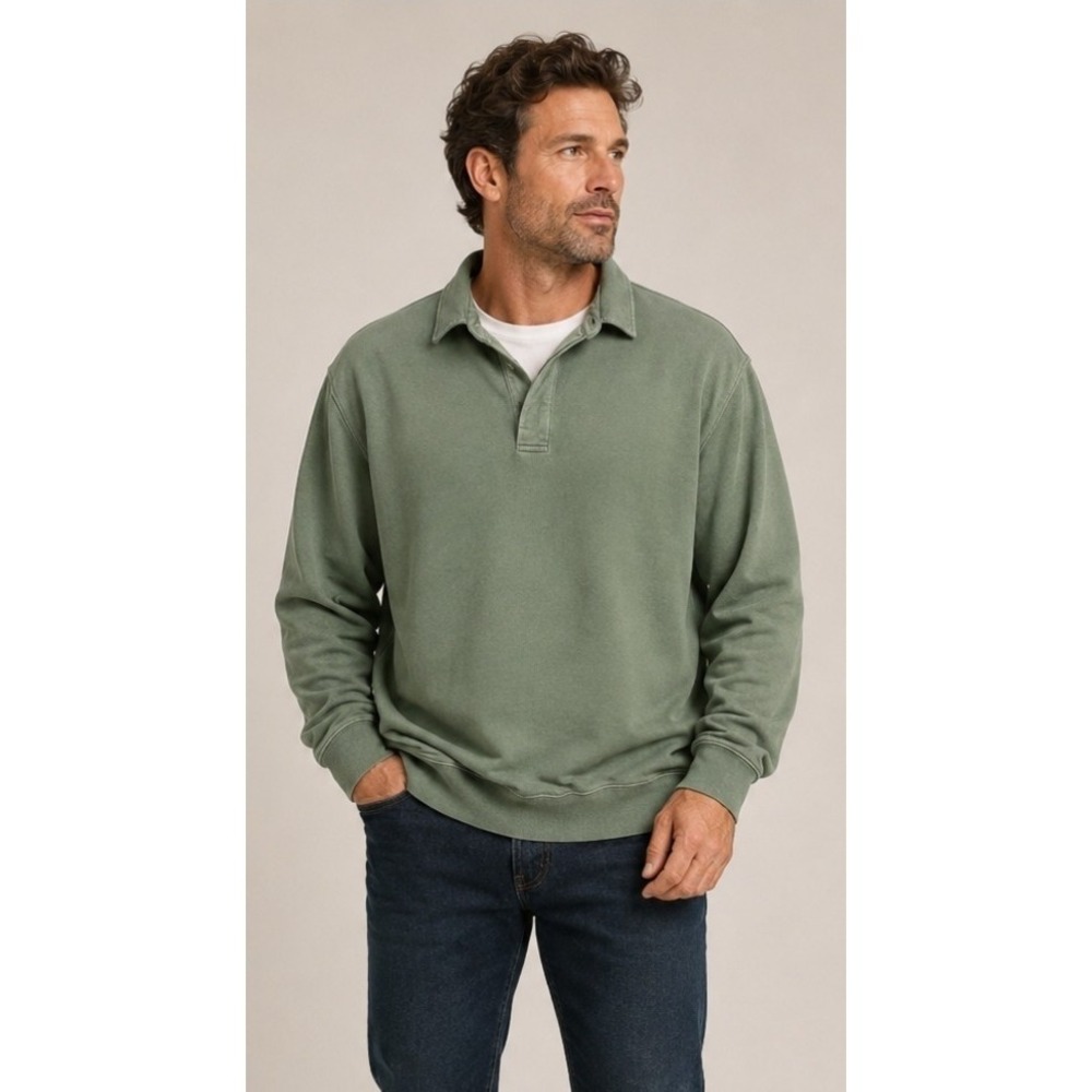 J.Crew NWT Rugby Pullover Cotton Fleece Button Collar Sweatshirt Green Mens XL